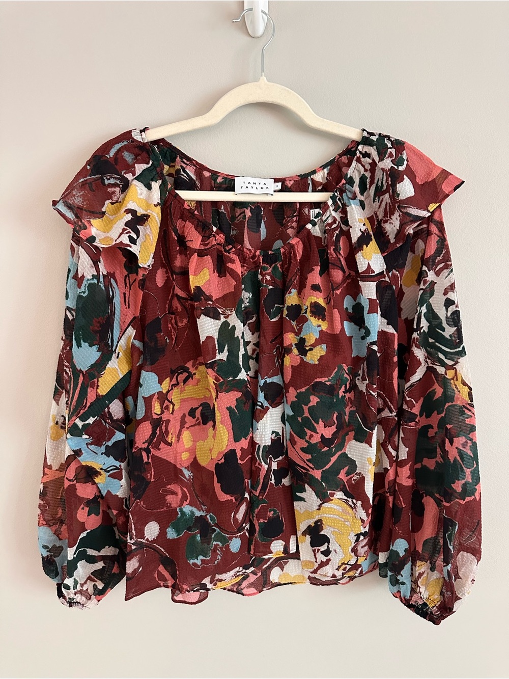Tanya Taylor Kayla Floral Silk Cotton Blouse Sheer Lightweight Peasant Top Small